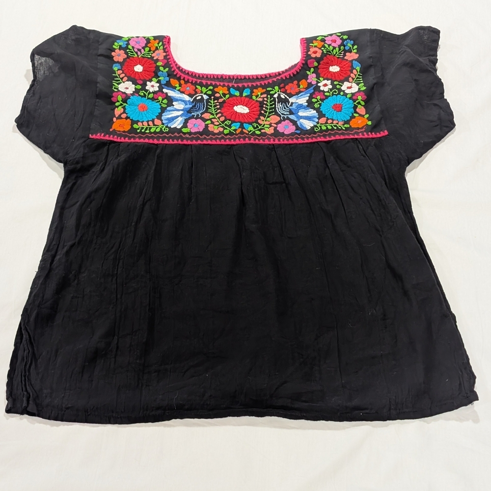 Black Mexican Embroidered Peasant Top Women’s Medium Floral Frenzy Boho Cotton